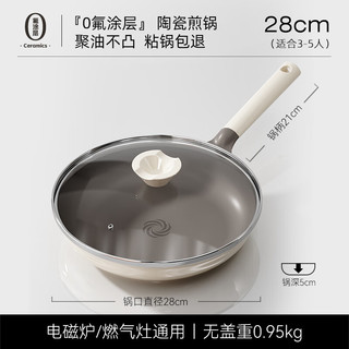 荣事达（Royalstar）陶瓷平底锅不粘锅家用煎蛋煎饼牛排锅电磁炉燃气通用28cm 【0氟涂层】3-5人适用 28cm