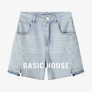 百家好（Basic House）Basic House/百家好复古休闲百搭夏日新款高腰显瘦直筒牛仔短裤女 牛仔蓝