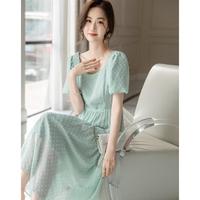德玛纳 dme【司马克工艺】夏法式方领烧花收腰塔裙泡泡袖蕾丝花边褶裥连衣裙