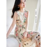 德玛纳 dme【邂逅清新沙滩裙】夏圆领雪纺植物印花腰带a字无袖连衣裙女中长