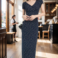 FOURDATRY法式复古碎花V领短袖连衣裙女夏季2024气质收腰包臀长裙子女 藏蓝色 M