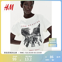 H&M女装2024夏季T恤图案休闲宽松棉质短袖T恤衫 0762558 白色/The Beatles 170/104