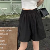 FOURDATRY短裤女2024夏薄宽松高腰休闲日系慵懒风五分裤外穿冰丝阔腿裤 黑色 M(80-120斤)