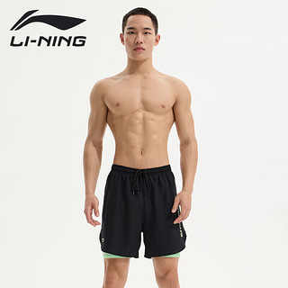 李宁（LI-NING）泳裤男士运动速干防尴尬五分双层防走光海边度假沙滩裤814黑色