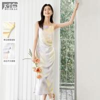 2024夏装撞色晕染印花单边捏褶侧边开叉女式长款吊带连衣裙
