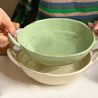 餐将军陶瓷双耳汤碗2个装不规则釉下彩奶油色螺蛳粉碗家用创意酸奶碗
