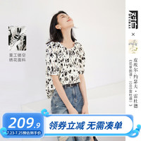 对白X凯伊莱文联名镂空碎花短袖雪纺衬衫女2024夏季新款漂亮上衣 黑白艺术花