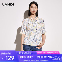 蓝地(LANDI)飘带V领印花碎花套头衬衫女2023年夏季新款喇叭短袖上衣 花色