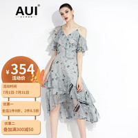 AUI 雪纺连衣裙女2022夏季新款女士裙子气质不规则荷叶边碎花裙