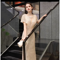 家隆名秀鱼尾晚礼服裙女宴会气质主持人感轻奢小众高端香槟色 金色 S