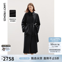朗姿羊毛高级感翻领黑色中长款风衣外套2024秋季法式气质上衣 黑色 S