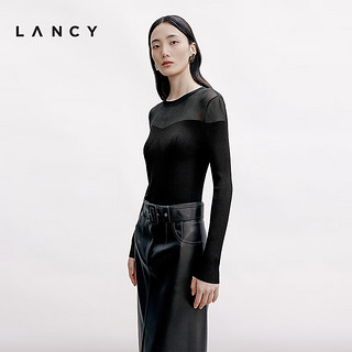 朗姿/LANCY2024秋季优雅拼接黑色长袖针织衫透纱圆领修身上衣 黑色 M