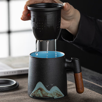 古朴堂 陶瓷茶水分离茶杯带盖马克杯送男士办公杯父亲节 雅黑色+蓝色410ml（杯+盖+过滤）