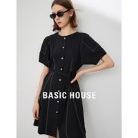 Basic House/百家好撞色明线连衣裙女2024夏季宽松收腰衬衫裙