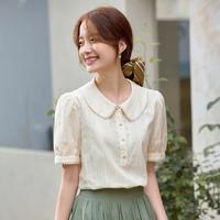 田园花边翻领纯棉衬衫女夏季气质通勤百搭舒适短袖衬衣上衣