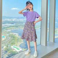 小马宝莉女童紫色上衣碎花半裙套装2024夏季中大童时尚两件套 紫色 130