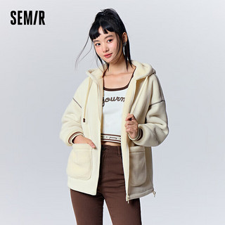 森马（Semir）外套女仿羊羔毛摇粒绒慵懒宽松2023冬连帽两面穿夹克109723108008 米黄30208