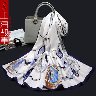 达芬奇密码 真丝丝巾女高档桑蚕丝围巾春季春秋披肩纱 海行蓝白