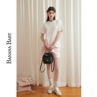香蕉宝贝（BANANA BABY）2024夏季时尚圆领T恤女甜美风蕾丝蝴蝶结正肩短袖D242TX891 白色 L