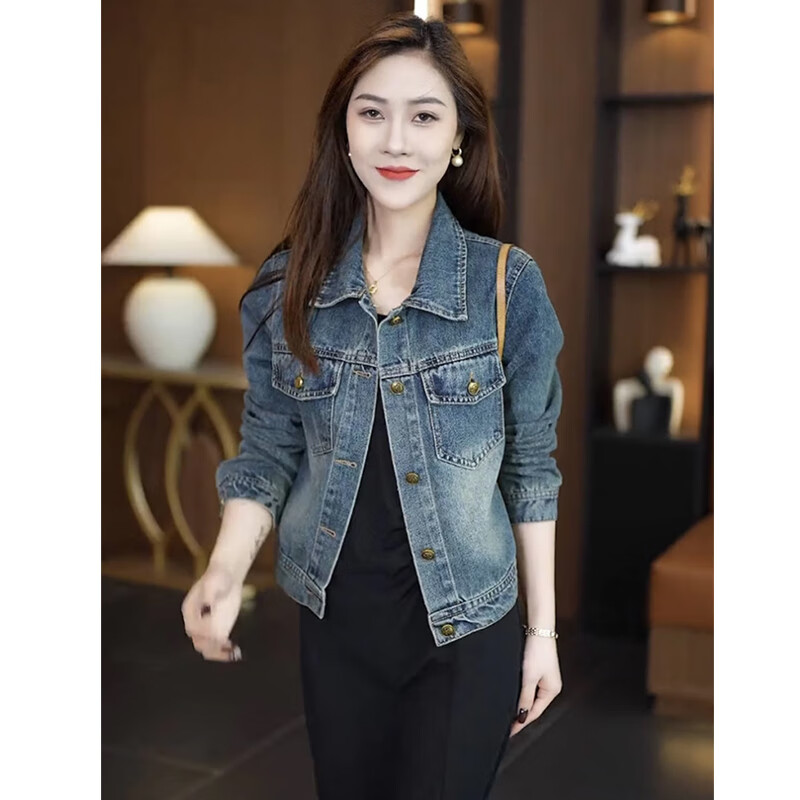 亲素（KINNSU）2024春季休闲牛仔外套女短款春秋宽松复古港风百搭小个子上衣 牛仔蓝 L