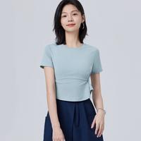 甜酷短衫不规则修身圆领T恤女2024夏款性感百搭修身女式上衣