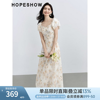 HOPESHOW 红袖 气质碎花连衣裙夏季2024新款女装泡泡袖钻石领今年流行的漂亮裙子 米底花611 S