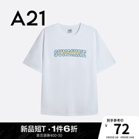 A21男装宽松圆领撞色美式印花落肩短袖装T恤衫F433131616 特白 XXXL
