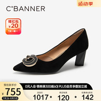 C.BANNER千百度【静音系列】粗高跟鞋双C拥抱2024秋季单鞋女 黑色-绒面 34