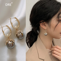 大绒鹅珍珠耳环女2024年韩国时尚气质百搭圆圈银耳坠 亮灰色珍珠耳环