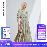朗姿法式印花设计感围裹式收腰连衣裙气质高级感裙子2024夏季新款 薄雾草地色