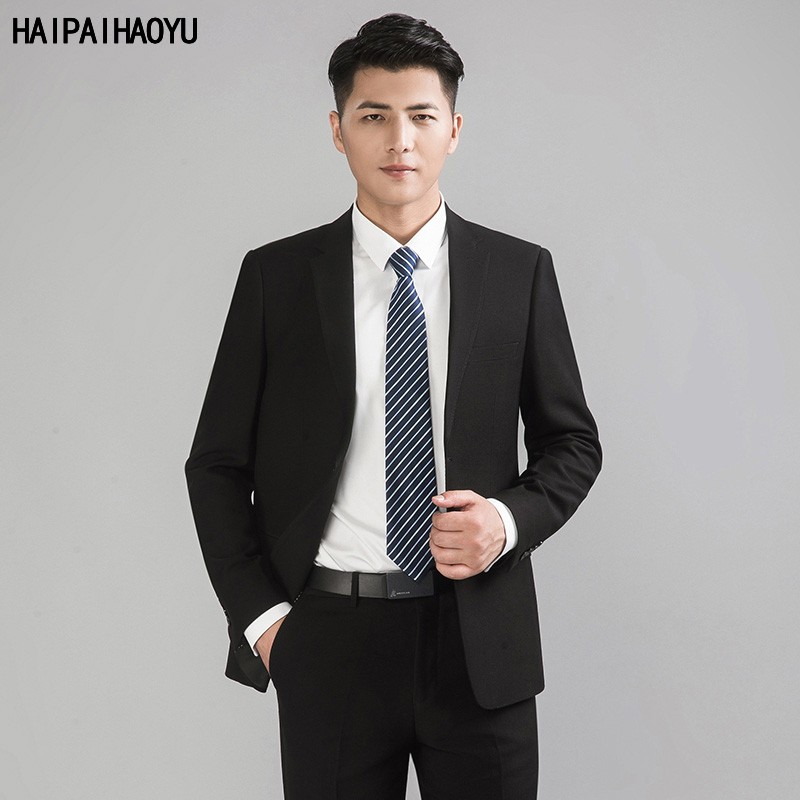 HAIPAIHAOYU西服套装男修身商务正装职业西装两粒扣套西伴郎服装新郎结婚礼服 B版黑色二扣（西服+西裤） 175【A110-130斤，B125-140斤】