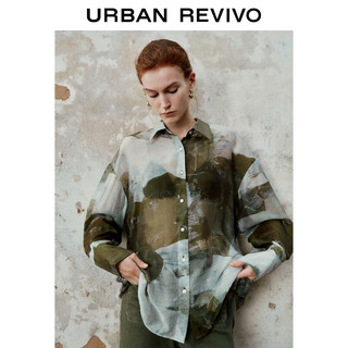 URBAN REVIVO 女装印花长袖开襟衬衫 UWH240094 卡其绿 M