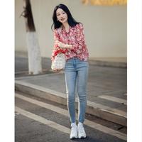 德玛纳 dme【温柔御姐OOTD】春韩系雪纺印花衬衫泡泡袖荷叶边衬衣女上衣