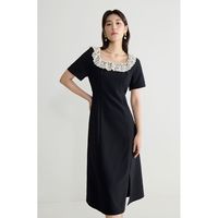 独束大码女装优雅蕾丝花边领小黑裙夏装赫本风高腰A字中长款裙子