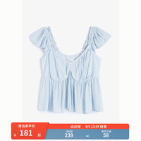 HOLLISTER24秋新款甜辣纱感洋气小飞袖低领短款上衣女 KI340-4056 蓝色条纹