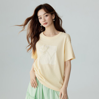 茵曼（INMAN）纯棉立体花朵短袖T恤女2024夏季文艺时尚百搭宽松显瘦上衣 米杏色 S