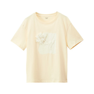 茵曼（INMAN）纯棉立体花朵短袖T恤女2024夏季文艺时尚百搭宽松显瘦上衣 米杏色 S