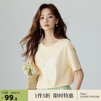 茵曼(INMAN)纯棉立体花朵短袖T恤女2024夏季文艺时尚百搭宽松显瘦上衣 米杏色 S