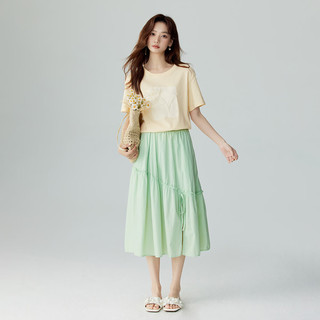 茵曼（INMAN）纯棉立体花朵短袖T恤女2024夏季文艺时尚百搭宽松显瘦上衣 米杏色 S