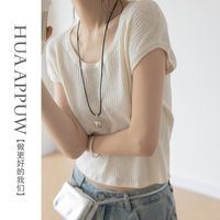 画朴白色竖条圆领T恤女装2024夏季坎肩短袖宽松短款薄款上衣