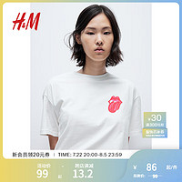 H&M女装2024夏季新款T恤图案圆领休闲宽松棉质短袖T恤衫 0762558 白色/The Rolling Stones 155/80