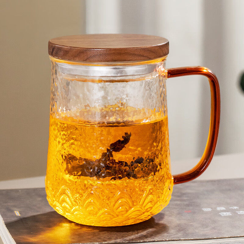 雅集 雅集茶具祥云锤纹泡茶杯茶水分离玻璃杯办公室喝茶杯个人木盖杯 祥云锤纹过滤泡茶杯 450ml 1只