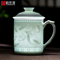 韵无涯黄守良老师手作 景德镇玲珑影青瓷茶水分离茶杯陶瓷功夫茶具礼盒 九鱼如意景德镇玲珑影青三件杯