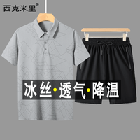 西克米里爸爸套装冰丝速干男士夏季休闲短袖t恤中老年人凉感polo衫男装 灰色+短裤两件套 2XL(135-150斤)