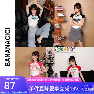 banana cici春夏款美式复古撞色插肩袖短款印花T恤女上衣C232TX537 黑色 L