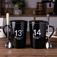 布丁瓷艺（BUDINGCIYI）  1314对杯创意马克杯男女士水杯咖啡杯带盖勺喝茶陶瓷杯子 1314亮光黑色白字款对杯