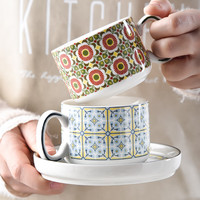 SUCCOHOMEWARE小精致波西米亚咖啡杯碟带勺日式复古陶瓷杯民族风下午茶茶具 波西米亚-蓝(一杯一碟一勺)