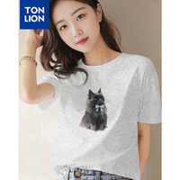 唐狮 TONLION2024夏季女圆领前胸猫咪图案短款短袖T恤WP 浅米灰 S