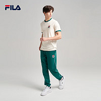 FILA 斐乐 男款撞色拼接圆领T恤短袖运动上衣欧版 复古白/墨绿色 XL