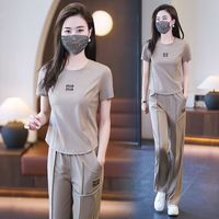 BNEB 休闲运动套装女夏季时尚洋气减龄短袖跑步服两件套 驼色(套装) XL (110-125斤)